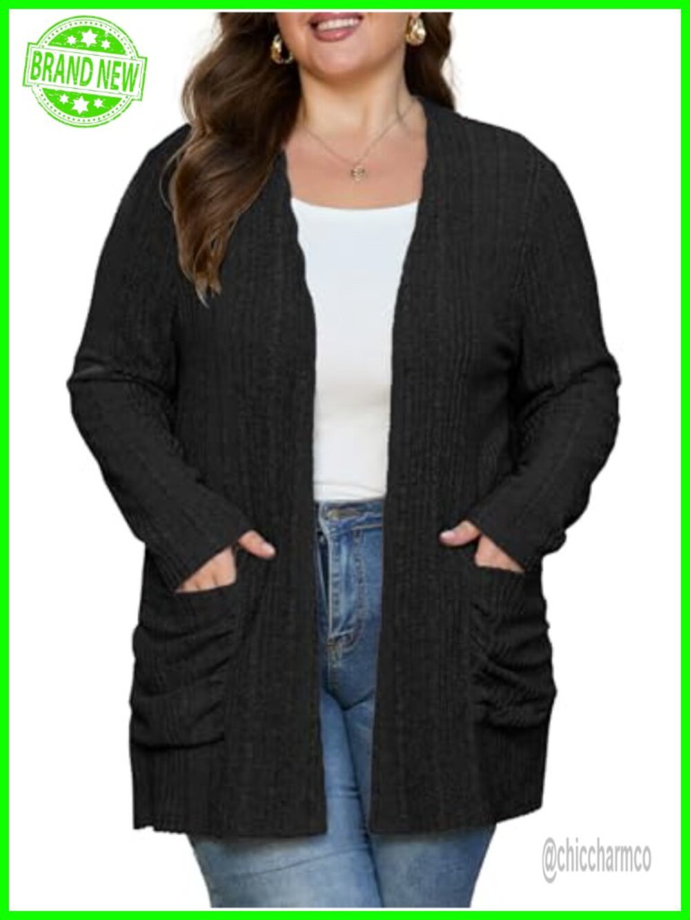 Plus Size Open Front Ribbed Cardigan Long Sleeve Sweater with Pockets